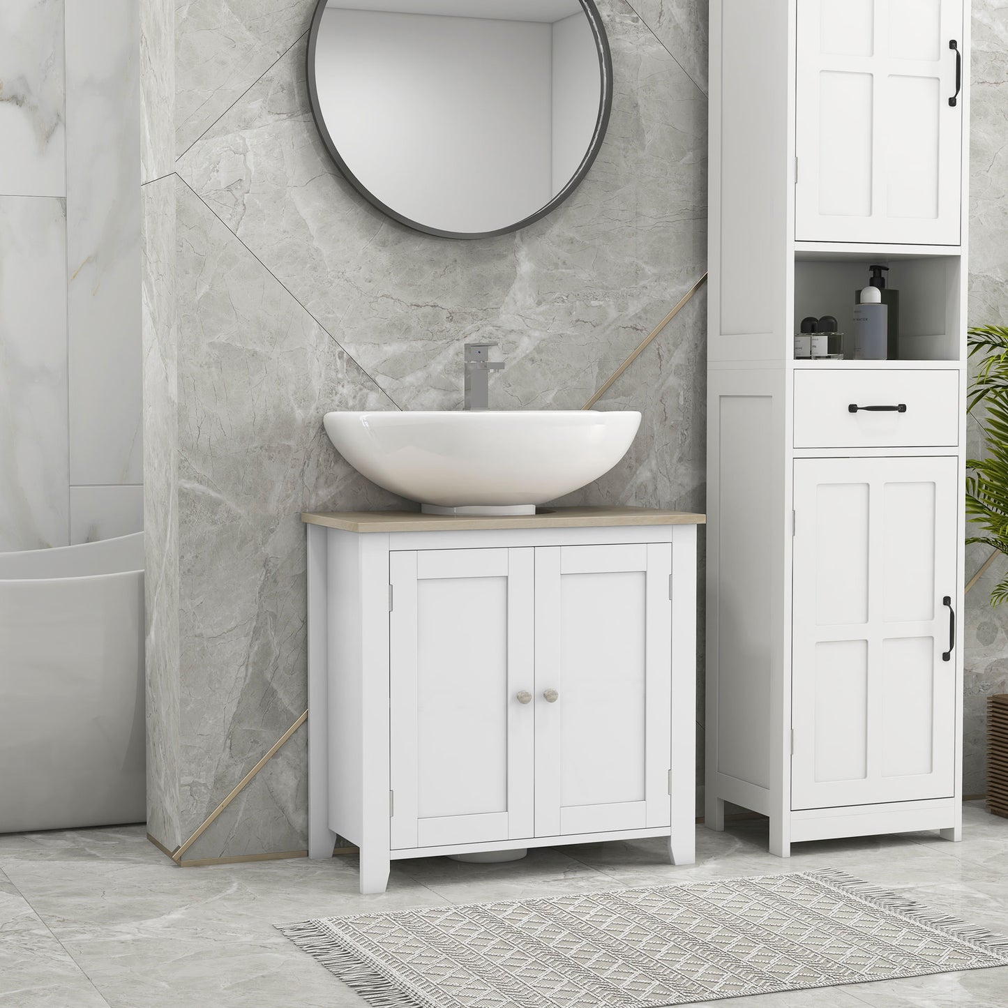 Under Sink Bathroom Storage Cabinet – Modern White MDF Organizer with Adjustable Shelf & Wood Grain Top
