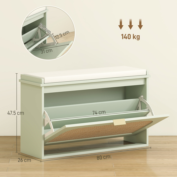 Shoe Cabinet Bench with Seat – Boho Rattan Accent, Adjustable Shelf & Flip Drawer Storage
