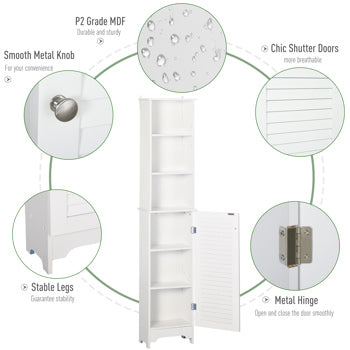 White Bathroom Storage Cabinet – Slim Freestanding Organizer with Adjustable Shelves & Doors