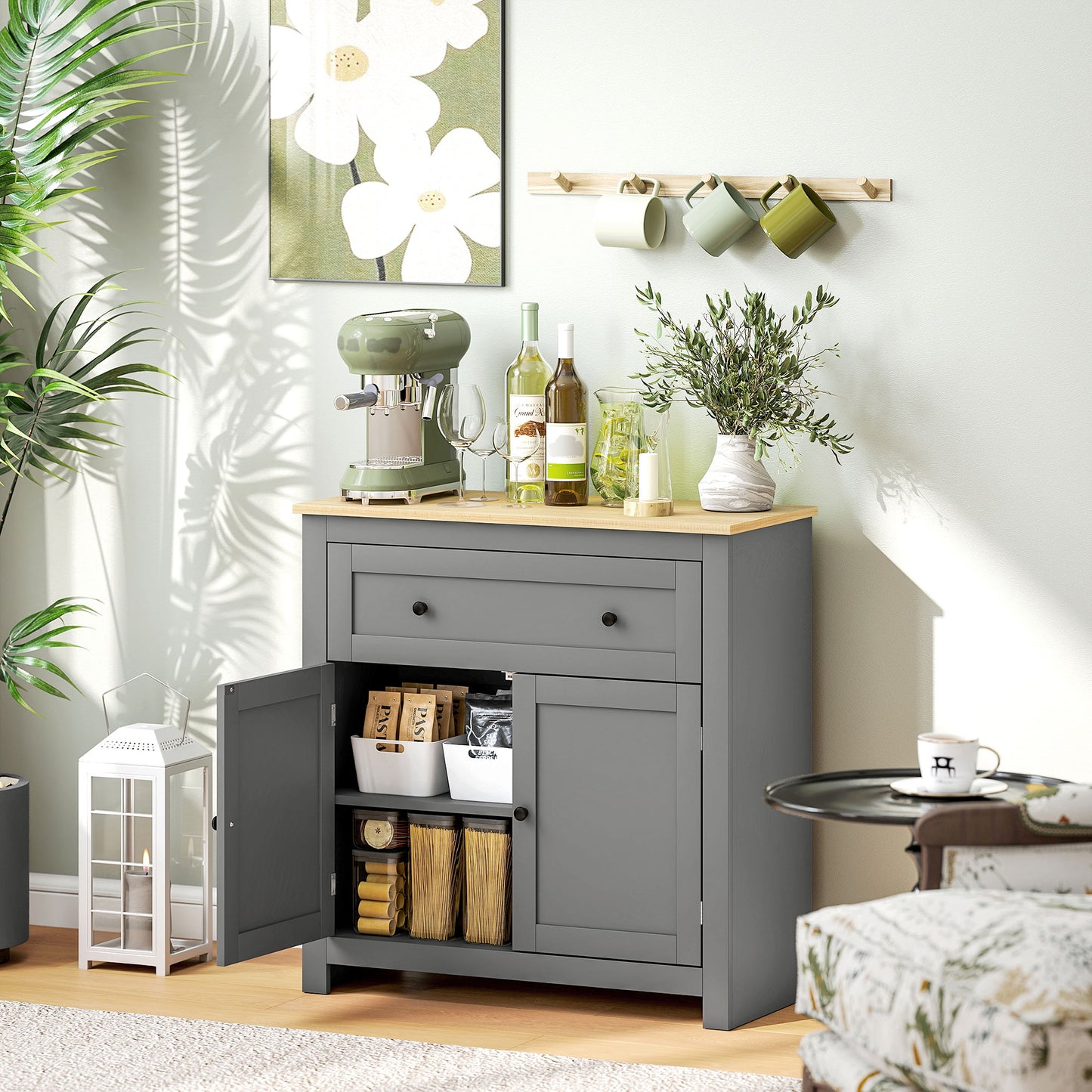 Modern Sideboard Storage Cabinet with Drawer & Adjustable Shelves – Oak Grey Finish for Living Room, Kitchen & Bathroom