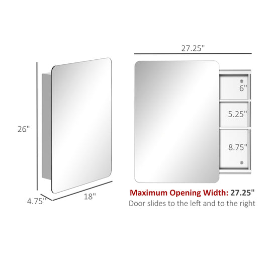 Wall Mounted Bathroom Mirror Cabinet – Stainless Steel Sliding Door Storage with Shelves, Silver