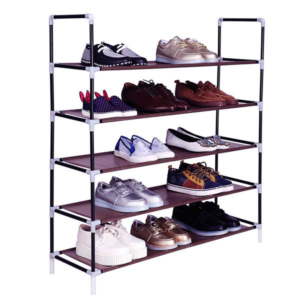 Simple Assembly 5 Tiers Non-woven Fabric Shoe Rack with Handle Dark Brown