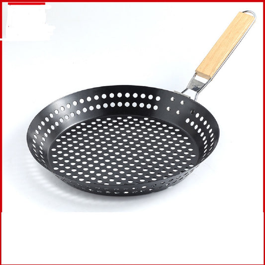 BBQ Folding Grill Pan with Holes 12" Nonstick Grill Skillet with Wooden Foldable Handle, Camping Cookware-Kabob-Grill Pan for Outdoor Barbecue