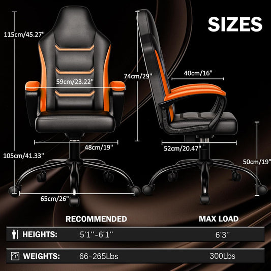 Ergonomic Gaming Chair, Height Adjustable Computer Chair, Pu Leather PC Chair with Castors, for Adults and Teenagers