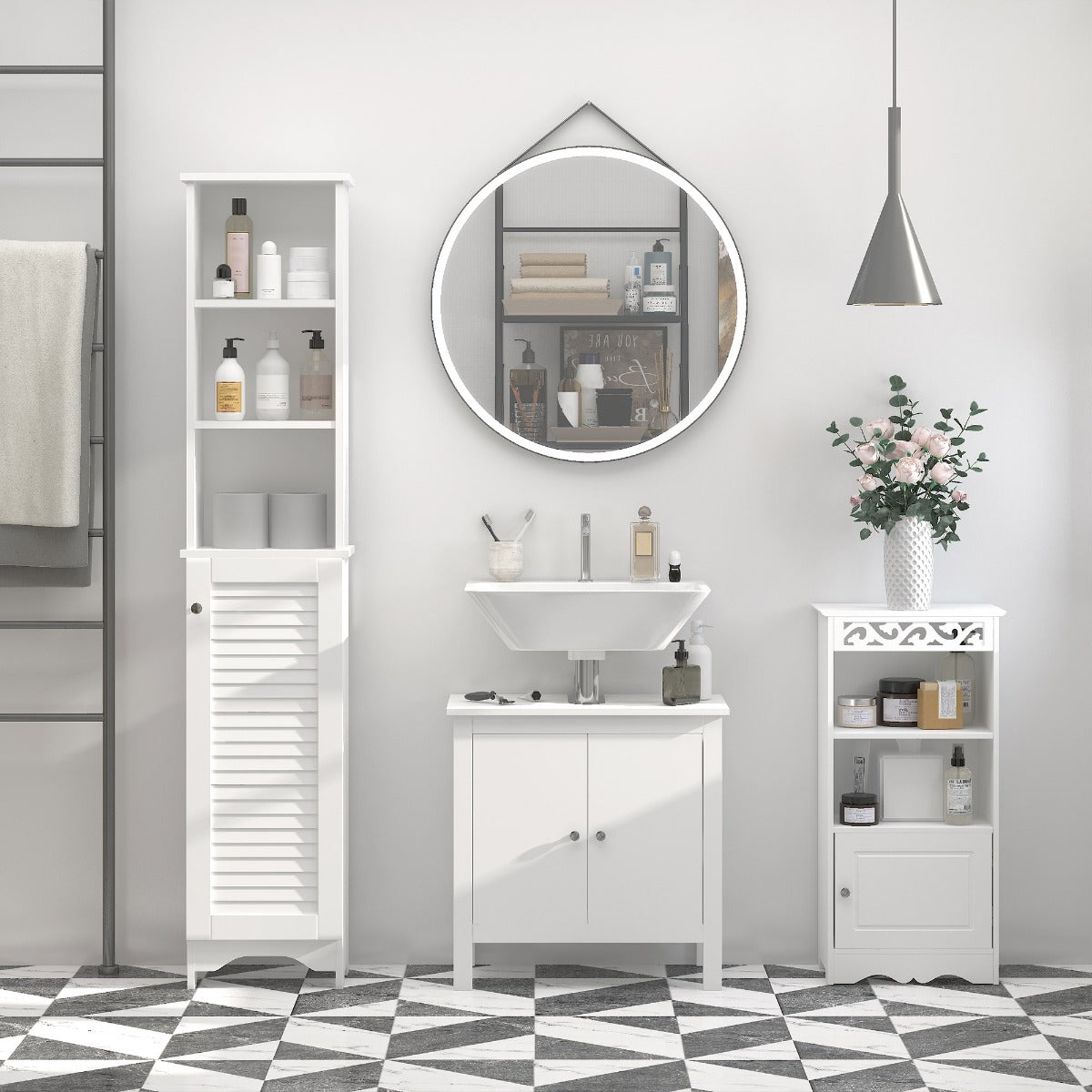 White Bathroom Storage Cabinet – Slim Freestanding Organizer with Adjustable Shelves & Doors