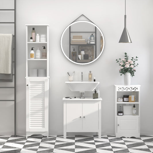 White Bathroom Storage Cabinet – Slim Freestanding Organizer with Adjustable Shelves & Doors