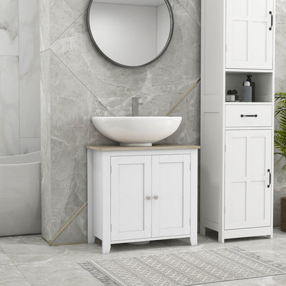 Under Sink Bathroom Storage Cabinet – Modern White MDF Organizer with Adjustable Shelf & Wood Grain Top