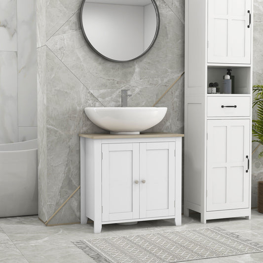 Under Sink Bathroom Storage Cabinet – Modern White MDF Organizer with Adjustable Shelf & Wood Grain Top