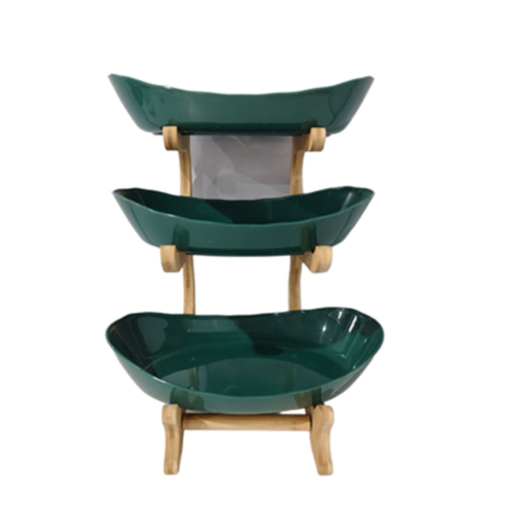 3 Tiers Fruit Plate with Wood Holder Snacks Plate Rack Party Food Serving Display Tray Green