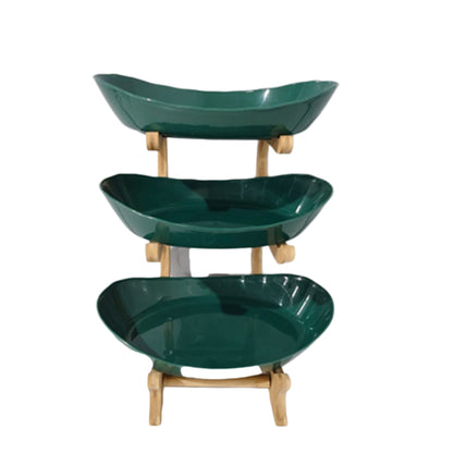3 Tiers Fruit Plate with Wood Holder Snacks Plate Rack Party Food Serving Display Tray Green