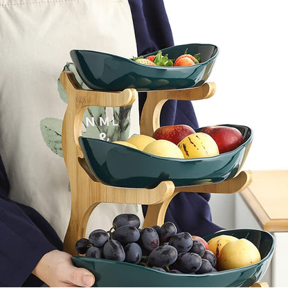 3 Tiers Fruit Plate with Wood Holder Snacks Plate Rack Party Food Serving Display Tray Green