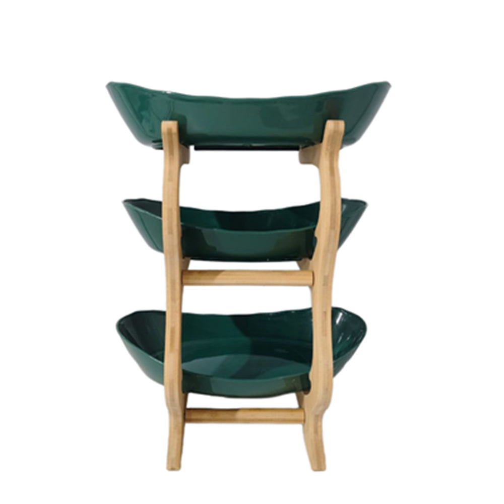 3 Tiers Fruit Plate with Wood Holder Snacks Plate Rack Party Food Serving Display Tray Green