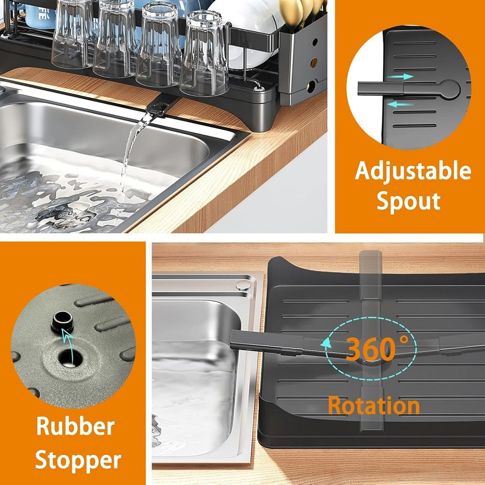 Dish Drying Rack Large, 2 Tier Kitchen Dish Drainer Rack Space-Saving, 360 Flexible Draining Board Rack for Kitchen Counter