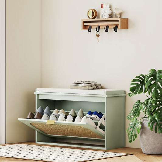 Shoe Cabinet Bench with Seat – Boho Rattan Accent, Adjustable Shelf & Flip Drawer Storage