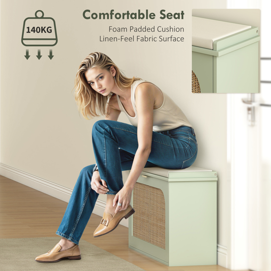 Shoe Cabinet Bench with Seat – Boho Rattan Accent, Adjustable Shelf & Flip Drawer Storage