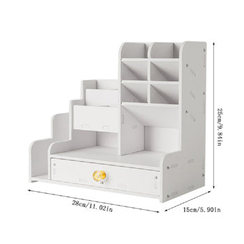 Desktop Stationary Organizer with Drawer, DIY White Pencil Holder Desk Tidy Caddy Art Supply Organizer for Home, Office and School