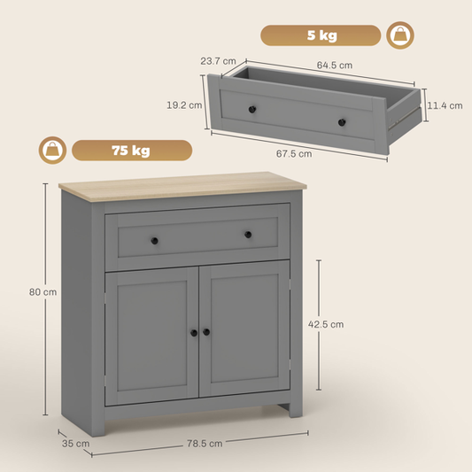 Modern Sideboard Storage Cabinet with Drawer & Adjustable Shelves – Oak Grey Finish for Living Room, Kitchen & Bathroom