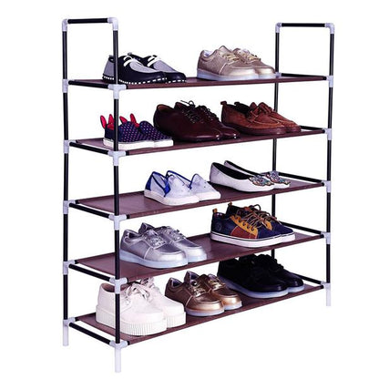 Simple Assembly 5 Tiers Non-woven Fabric Shoe Rack with Handle Dark Brown